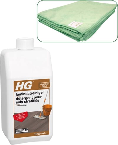 HG Laminaat reiniger (Product 72 / P72) 1 liter + 4 Famiflora dweildoeken - Microvezeldoek 80 x 60 cm - 300gr/m²
