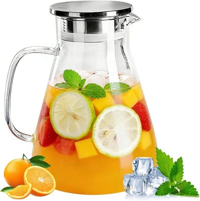 SnelShoppen - Glass Decanter met Deksel, 1.7L Glazen Theepot met RVS Zeef, Geschikt voor Warme en Koude Dranken, Waterkaraf voor Zelfgemaakte Dranken,