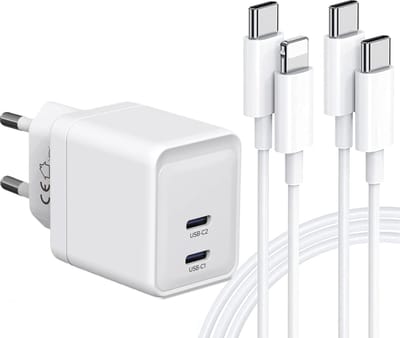 Lange usb C Oplader geschikt voor iPhone 14 13 12 11 X 8 7 SE - Lightning - Snellader - 35w - Power Delivery - GaN - Tegelijk Opladen - 2x usb C