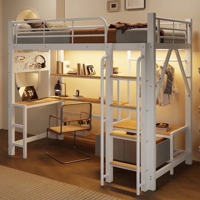Hoogslaper - 90x200 cm - met bureau, USB & LED - Wit