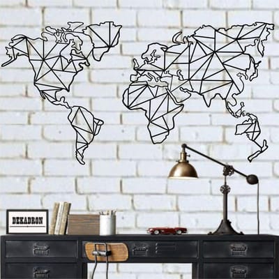 Wereldkaart Wanddecoratie - Metaal Kaart - Woonkamer Inrichten - 2 Delig Geometrisch - 120x63cm - Mat Zwart