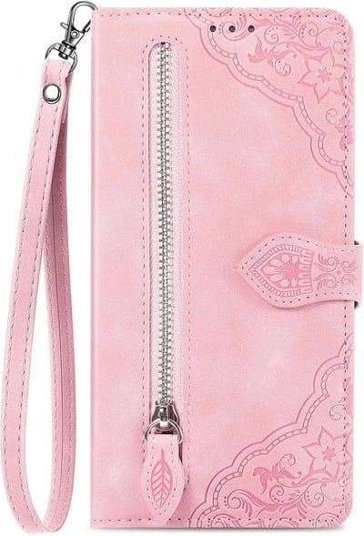 YPCd - Portemonnee Bookcase Hoesje Geschikt voor Samsung Galaxy S24 – PU Leren Wallet Flip Cover met Ritssluiting – Pasjesvakken & Polsbandje – Standfunctie – Bloemen – Roze