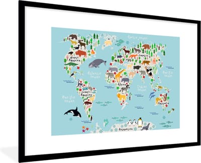 Poster in lijst voor kinderen - Schilderij kids - Wanddecoratie kinderkamer - Wereldkaart - Kinderen - Dieren - Blauw - Orka - Walvis - 90x60 cm