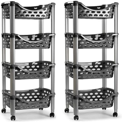 Plasticforte trolley - 2x - keukentrolley op wieltjes - 4-laags - grijs - kunststof - 40 x 88 cm - opbergtrolley
