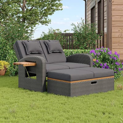 Dubbele Zonneligstoel 2 Persoons – 90x120x124 cm – Polyrotan Tuinbank met Ligfunctie, Verstelbare Rugleuning, Weerbestendig, Incl. Kussens – Outdoor Relaxset Laura