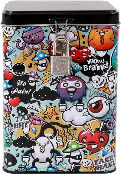 I-TOTAL® - Grappige spaarpot met hangslot en sleutel/portemonnee van metaal met sluiting (graffiti)