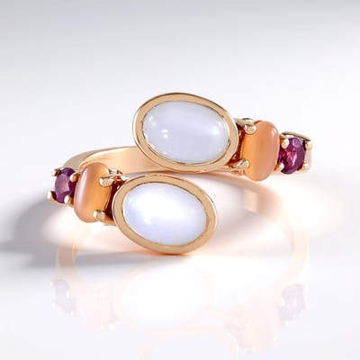 Cavill - Zilveren Ring met Witte en Perzikkleurige Maansteen 3.15 ct - 925 Sterling Zilver Rosé Verguld - Verstelbare Elegante Damesring met Rhodoliet