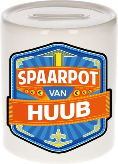 Bellatio Decorations Kinder spaarpot met naam - Huub - keramiek - met dop - wit - Sparen - Spaargeld van Huub