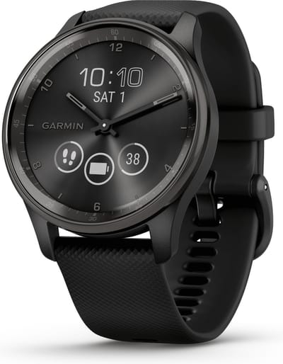 GARMIN vivomove Trend, roestvrijstalen leisteengrijze lunette, zwarte kast, siliconen band