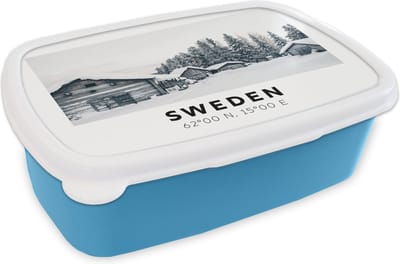 Broodtrommel Blauw - Lunchbox - Brooddoos - Zweden - Sneeuw - Boom - Scandinavië - 18x12x6 cm - Kinderen - Jongen