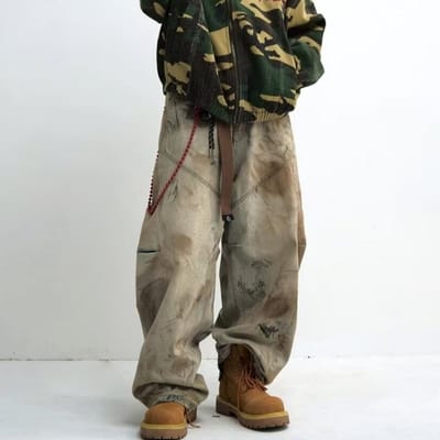 High Street Retro Gewassen Tie-Dyeing Oude Jeans Broek voor Mannen en Vrouwen Herfst Hoge Taille Rechte Wijde Pijpen Vloervegende Broek L bruin