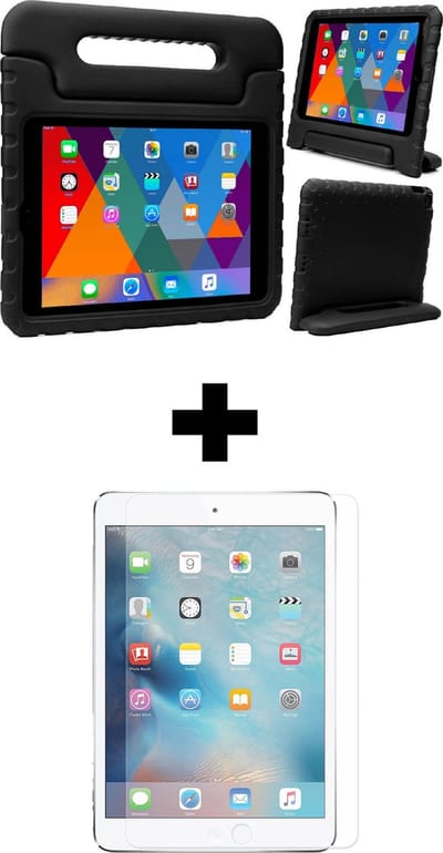 Hoesje - Geschikt voor Apple iPad 9.7 inch (2013–2018) – Air 1 & 2 (2013/2014), Pro 9.7 (2016), iPad 5 & 6 (2017/2018) - Met Screenprotector - Kinderhoes - Shockproof Bumper - Kidsproof Case - Tablethoes - Kinder Hoes Cover - Zwart