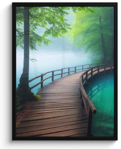 Poster in lijst - Fotolijst 50x70 cm - Posters - Brug - Water - Rivier - Bos - Posterlijst zwart - Decoratie - Wanddecoratie woonkamer - Muurdecoratie slaapkamer