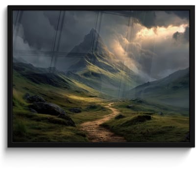 Poster in lijst - Fotolijst 80x60 cm - Posters - Bergen - Kronkelpad - Groen - Wolken - Posterlijst zwart - Decoratie - Wanddecoratie woonkamer - Muurdecoratie slaapkamer