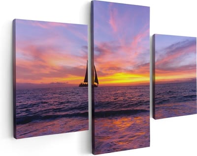 Artaza Canvas Schilderij Drieluik Zeilboot Silhouet bij Zonsondergang - 90x60 - Foto Op Canvas - Canvas Print