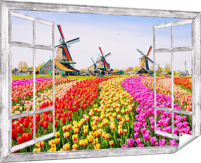 Gards Tuinposter Doorkijk Kleurrijke Tulpen Bloemenveld - Windmolen - 180x120 cm - Tuindoek - Tuindecoratie - Wanddecoratie buiten - Tuinschilderij