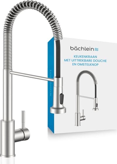 Bächlein Keukenkraan Nedo 360 graden draaibaar (geborsteld roestvrij staal) - RVS eenhands spoelbakmengkraan met flexibele hals en sproeier met omschakelknop, kraan voor de keuken