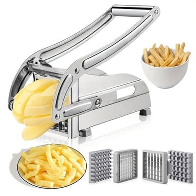 Frietsnijder, professionele, robuuste aardappelsnijder van roestvrij staal met een comfortabele grip en recht lemmet, ideaal voor het maken van zelfgemaakte friet en chips.