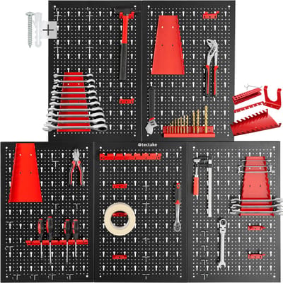 tectake® 5-delige Gereedschapswand van Metaal - 200 x 60 cm - Gepeforeerde Plaat - Gereedschapshouder set inclusief Haken - Wandrek systeem voor Werkbank, Garage, Gereedschap - Werkplaatsinrichting - Gereedschapsbord - Pegboard