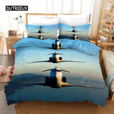 Vliegtuig Dekbedovertrek Microvezel Vliegtuig Vliegt Door De Blauwe Lucht Vliegtuig Thema Beddengoed Set voor Jongens Meisjes Tweepersoons Queen King Size AU Single(140x210cm)