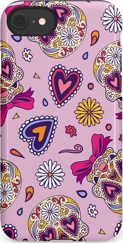 Casetastic hoesje geschikt voor Apple iPhone SE / Apple iPhone 7 / Apple iPhone 8 - Dubbellaagse bescherming - Dia de los Muertos Doodshoofd Strik - Fashion Case - Lichtroze Lila Taupe Zilver