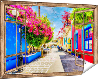 Gards Tuinposter Doorkijk Kleurrijke Straat op het Eiland Kos, Griekenland - 150x100 cm - Tuindoek - Tuindecoratie - Wanddecoratie buiten - Tuinschilderij