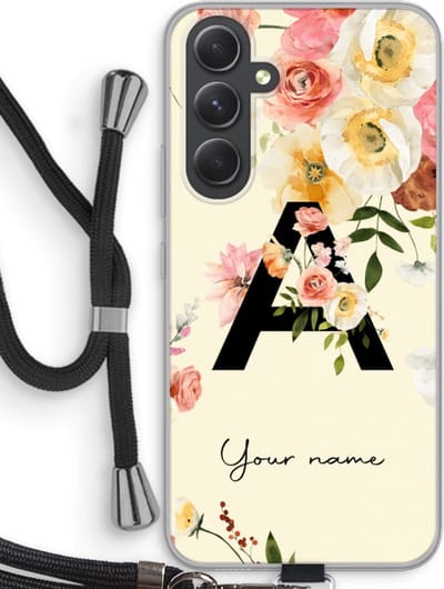 Gepersonaliseerd - Case Company® - Hoesje met koord geschikt voor Samsung Galaxy A54 hoesje met Koord - Flirty Flowers Monogram - Telefoonhoesje met Zwart Koord - Bescherming aan alle Kanten en Over de Schermrand
