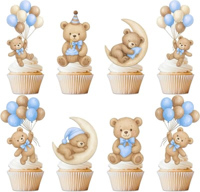 SolidKeus - Cupcake Topper Set met Blauwe Beren en Ballonnen voor Baby Shower