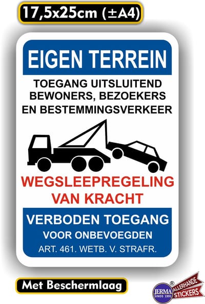 Jerma - Sticker – Eigen terrein – Wegsleepregeling – 17.5x25 cm – Vinyl - Weerbestendig - Zelfklevend