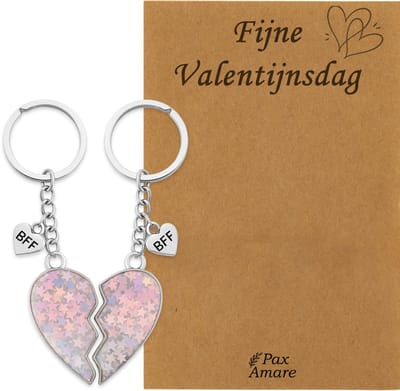 Koppel Sleutelhanger voor 2 'Fijne Valentijnsdag' - Magnetisch Hartje - Sleutelhanger set op Cadeau Kaartje - Zilverkleurig - Vriendschap of Relatie Symbool - Pax Amare