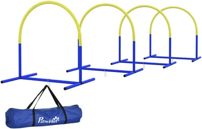 1 stuk - Dog Agile Training Kit - met 4 boogen - geschikt voor beginners - met opvangtas - blauw-geel kleuren - 88 x 64 x 95 cm