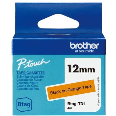 Brother Btag-T31 niet-gelamineerde tape zwart op oranje 12 mm (origineel)
