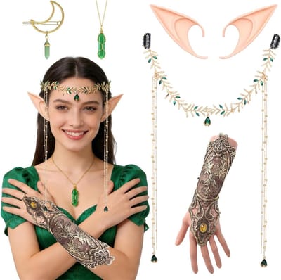 Elf Kostuum voor Vrouwen met Accessoires Set - Elf Oren, Haarspeld, Kroon, Kristallen Ketting en Armbescherming