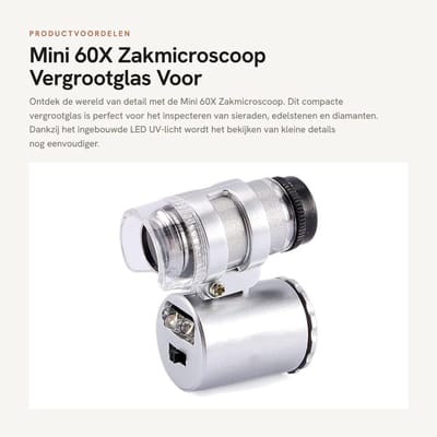 Dailygoods- Zakmicroscoop 60X Met LED UV-Licht - Vergrootglas Voor Sieraden - Handmicroscoop - Inspecteren Van Edelstenen - Duurzaam Ontwerp - Stabiele Prestaties