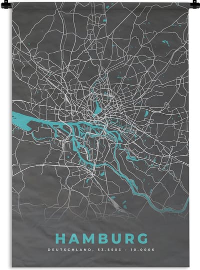 Wandkleed - Wanddoek - Kaart – Plattegrond – Stadskaart – Hamburg – Duitsland – Blauw - 120x180 cm - Wandtapijt