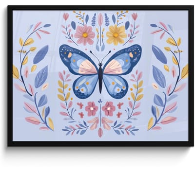 Poster in lijst - Fotolijst 70x50 cm - Posters - Vlinder - Lichtblauw - Sierlijk - Bloemen - Posterlijst zwart - Decoratie - Wanddecoratie woonkamer - Muurdecoratie slaapkamer