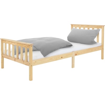 Bedframe eenpersoonsbed 90x200cm gemaakt van dennenhout in naturel met lattenbodem & matras H-10cm ML design