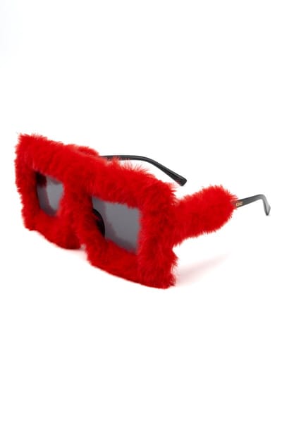 KIMU® Vierkant Bont Zonnebril - Rood Montuur Kunststof - Zwarte Glazen - Ara Papegaai Elmo Roodborstje Zonnebril Bril Vacht Zacht Dons Festival