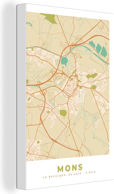 Canvas Schilderij Plattegrond - Kaart - België - Stadskaart - Vintage - Mons - 20x30 cm - Wanddecoratie