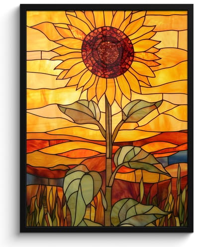 Poster in lijst - Fotolijst 50x70 cm - Posters - Zonnebloem - Mozaïek - Zonsondergang - Geel - Posterlijst zwart - Decoratie - Wanddecoratie woonkamer - Muurdecoratie slaapkamer