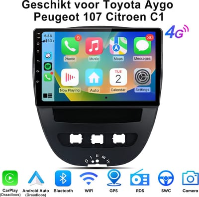 Junsun Android 15 Autoradio Geschikt Voor Toyota Aygo Peugeot 107 Citroen C1 - Draadloze Andriod Auto & Carplay - Bluetooth - GPS Navigatiesystem - 10-inch Touchscreen - WiFi - USB - RDS - 8 core - 4G LTE
