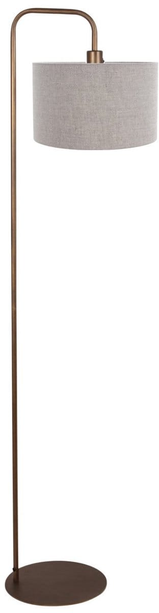 Vloerlamp bronskleurig met grof grijs linnen kap, 30 cm diameter en 18 cm hoogte, Forma serie, Mexlite