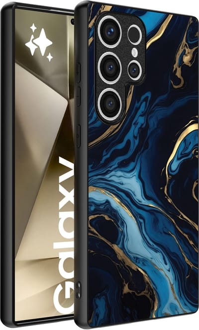 Smartphonica Telefoonhoesje geschikt voor Samsung Galaxy S24 Ultra met marmer opdruk - TPU backcover case marble design - Goud Blauw geschikt voor Samsung Galaxy S24 Ultra