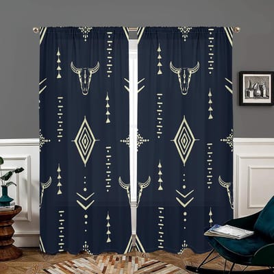 2 stuks, etnische Azteekse koeienkop gordijnen - geschikt voor woonkamer, slaapkamer, keuken en huisdecoratie - voeg decoratief plezier toe. W150CM H166CM&Rod pocket black