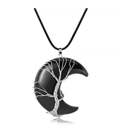 ASTRADAVI Kristal Halve Maan - Hanger - Positieve Energie Chakra Kristal Edelstenen - Zilverkleurige Kooi - met Zwart Vegan Lederen Koord - Obsidiaan - Cadeau Idee