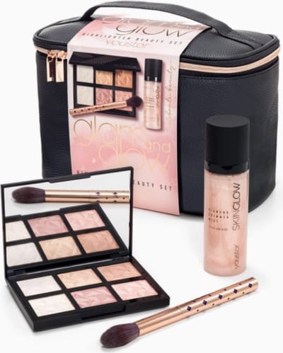 Beauty Make-up Tasje - Set van 3 producten en tas - GLAM & GLOW - highlight pallet - contour borstel en gezicht glitter fixing spray - 3 stuks