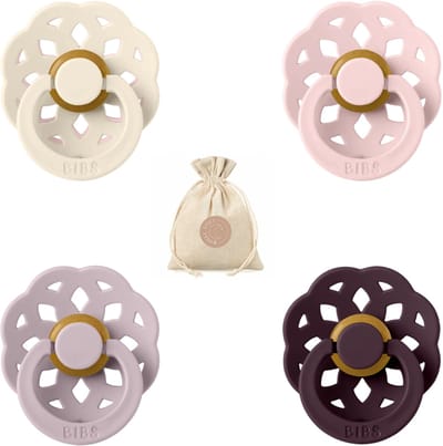 Bibs boheme fopspenen - Maat 2 6-18 maanden - Ivory, Dusky Lilac, Blossom, Plum + Bolletoet speenzakje