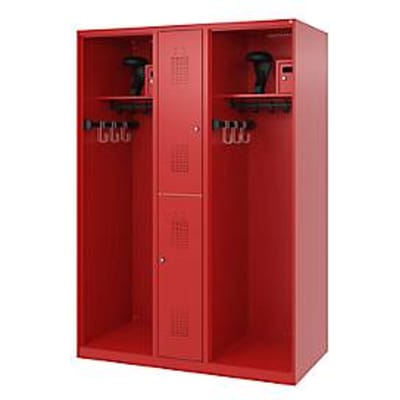 Brandweerkluis C+P Evolo Maxi, 4 vakken voor 2 personen, met helmhouder, vloerglijders, B 1300 x D 600 x H 1850 mm, RAL 3000 vuurrood