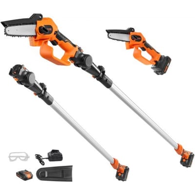VEVOR Mini-kettingzaag met accu 20V 2Ah borstelloze motor 2-in-1 snoerloze stoksnoeizaag 22.000 tpm kettingzaag elektrisch, telescopische heggenschaar snoeizaag met telescopische handgreep Verlenglengte tot 2,43 m