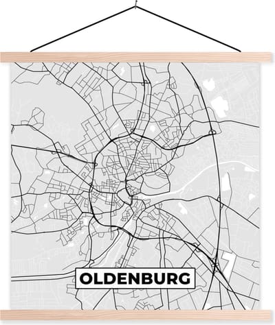 Posterhanger incl. Poster 40x40 cm - Schoolplaat - Kaart - Stadskaart - Duitsland - Oldenburg - Plattegrond - Textielposter - Blanke latten - Stadskaart
